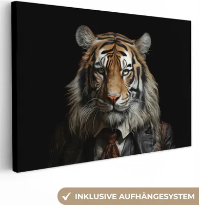 Produktbild von MuchoWow® - Leinwandbilder - Tiger - Porträt - Schwarz - Tier - Braun, Wandbild, Wanddeko Bilder Wohnzimmer, 120x80cm