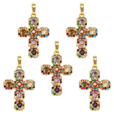 5 Kreuz-Anhänger aus Messing, 16K vergoldet, mit Cubic Zirconia