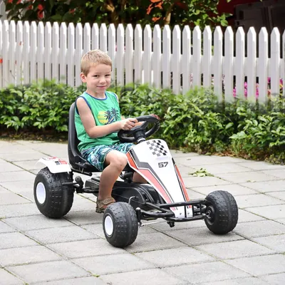 Obrázek produktu pro Go Kart Pro Děti Šlapací Auto S Pedálem A Brzdami, Ocelová Konstrukce, Bílá, 104X66X57Cm, Pro 3-8 Let