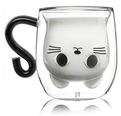 Image de Tasse double paroi pour chat, en verre borosilicaté, 250 ml, noire
