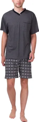Produktbild von Moonline - Herren Shorty Schlafanzug kurz Pyjama mit karierter Hose aus 100% Baumwolle ; grau , 54/56