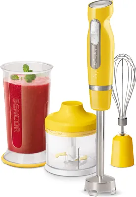 Produktbild von SENCOR SHB 4466YL-EUE3 Tyčový mixér, 6 nerezových nožů s titanovým nástřikem a Funkcí ICE Crash, 1000 W, Nádoba 700 ml s víčkem, 500 ml sekáček, šlehací metla