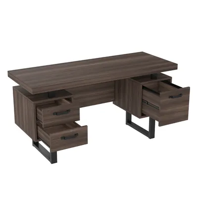 Produktbild von Merax Schreibtisch 135x54 cm – Walnussoptik, Arbeitstisch mit 2 Schubladen und Ordnerfach, Bürotisch aus MDF mit schwarzer Stahlrahmen für Homeoffice