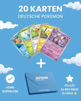 Produktbild von Pokémon Karten 20 Stück Deutsch | 1 Holo + 2 Reverse Holo | Geschenk Set