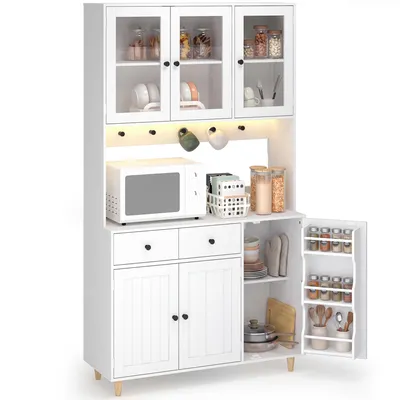 Obrázek produktu pro Kuchyňská vysoká skříň BEALIFE, rozměry 98x38x180 cm, s LED osvětlením, zásuvkou a akrylátovou vitrínou | Černá/Bílá, model AP136