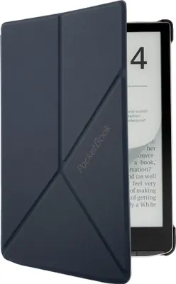 A dark blue PocketBook e-reader cover is shown partially covering an e-reader. The cover is folded in a geometric pattern, and the e-reader screen displays the number '4'.