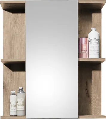 A bathroom medicine cabinet with shelves and a mirror. It has bottles and containers on the shelves.