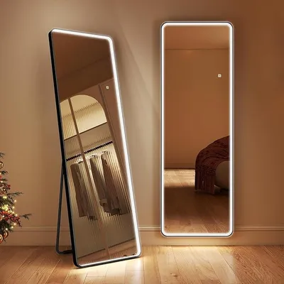 Produktbild von Ganzkörperspiegel mit Beleuchtung 160x50 cm, Eisenrahmen, Spiegel Groß Dimmbar & 3000-6500K & Memory-Funktion, Verstärktes Glas, Standspiegel für Ankleidezimmer und Schlafzimmer, Schwarz