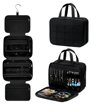 Produktbild von Kosmetiktasche zum Aufhängen – Kulturbeutel Damen Reise mit Schmuckfach, großes Fassungsvermögen, puffiges Design & 360° Haken (Schwarz, M)