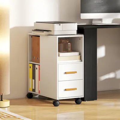 Produktbild von Druckerständer auf Rollen mit verstellbarem Regal, Druckerunterschrank Spanplatte, Weiß | 60 x 30 x 65 cm | 2 Schubladen | 3 offene Fächer
