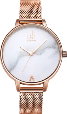 Produktbild von Alienwork Damen-Armbanduhr Quarz rose-gold mit Metall Mesh Armband Edelstahl weiss Ultra-flach Slim-Uhr elegant