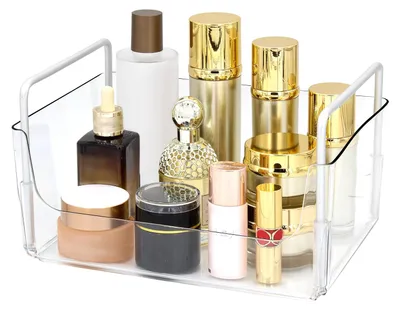 Image de Rangement transparent pour maquillage avec poignées, idéal pour ranger les produits de beauté et de soin de la peau dans la salle de bains ou sur le plan de travail, ou encore dans les placards de cuisine.