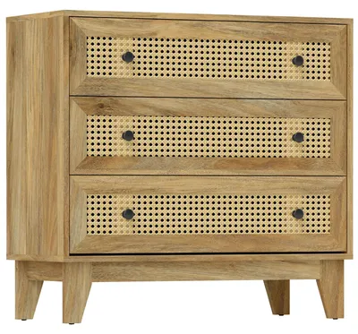 Image de Meuble de rangement - Commode - Table de chevet - Rangement - Petite armoire - 3 tiroirs - Rotin naturel - 80x35x76 cm