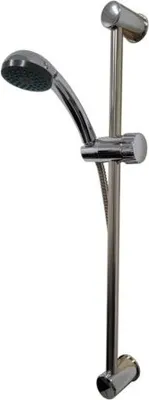 A silver shower head with a hose and adjustable bracket against a white background.