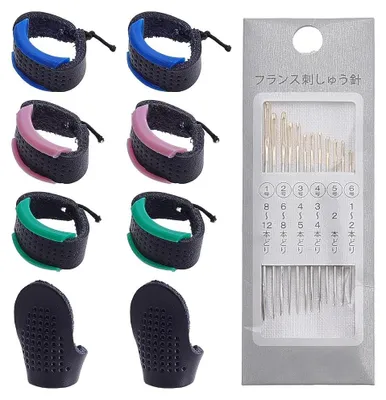Image de Solidchoice - Kit de couture japonais Sashiko comprenant 12 aiguilles et des protège-doigts en cuir pour la broderie