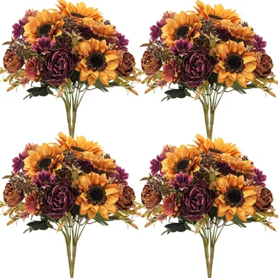 8 Kunst-Zweige Sonnenblumen Pfingstrosen 45 cm