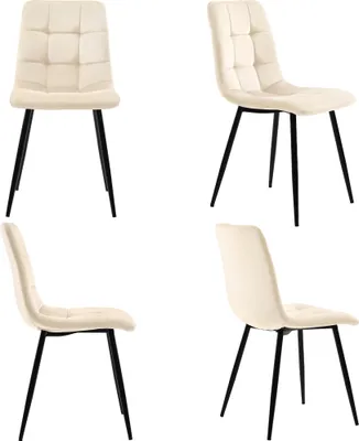 A collage of four images showing a beige dining chair from different angles against a white background.