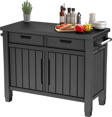 A dark gray outdoor kitchen island with various kitchen items on top.