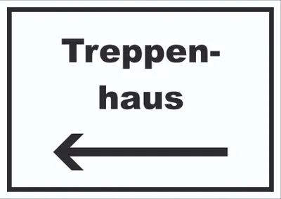 Produktbild von Treppenhaus Schild mit Text und Richtungspfeil links Stufen steigen waagerecht A1 Rückseite selbstklebend