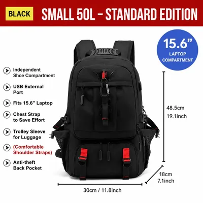 Obrázek produktu pro Batoh - HS-011, cestovní batoh - objem 50 litrů - pro notebooky do velikosti 39,6 cm - voděodolný materiál Oxford - USB nabíjecí port - ochrana proti krádeži - uni
