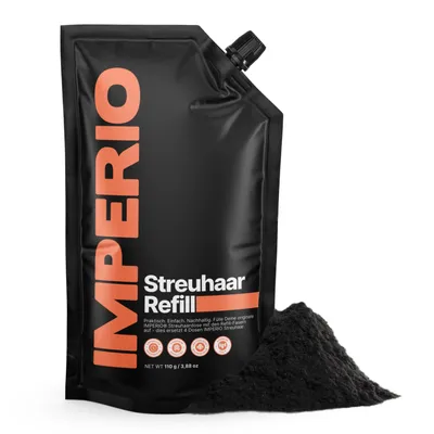 Produktbild von MPERIO Streuhaar Refill Pack - 110g Nachfüllbeutel mit Premium Schütthaar - Nachhaltiger Nachfüllpack mit praktischem Verschluss (Schwarz)