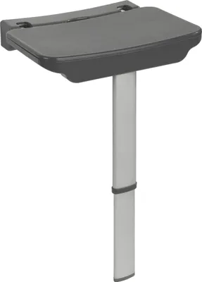 A wall-mounted shower seat with an adjustable height support leg.
