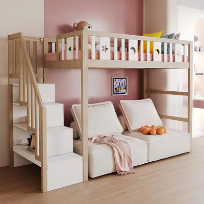 A bunk bed with a sofa underneath, set in a child's bedroom with pink walls.