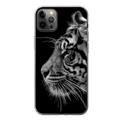 Produktbild von MuchoWow® Handyhülle Schutzhülle Hülle für iPhone 12 Pro Max Tiger auf schwarzem Hintergrund in schwarz und weiß Silikon Softcase Handy Hülle - Hartschale