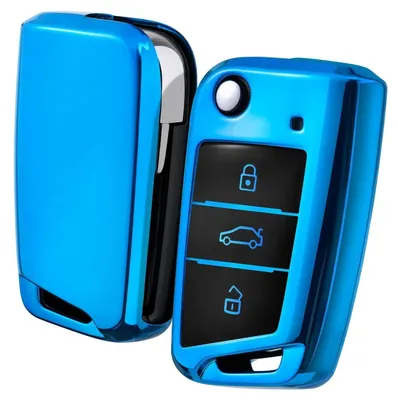 Productafbeelding van Autosleutelbescherming, geschikt voor VW Golf 7, Polo, Tiguan, Skoda, met 3 knoppen, blauw, TPU siliconen