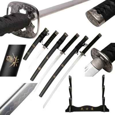 Image de Ensemble de 3 épées décoratives DekoKatana HONOR TL492 395CA, avec fourreaux et support pour épée – Épées de samouraï pour collection, décoration ou cadeau