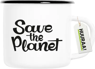 Produktbild von Huuraa Emaille Tasse Save the Planet Schriftzug 300ml Vintage Campingbecher Geschenkidee