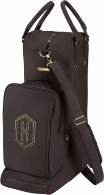 A black boot and helmet bag with a gold hexagonal logo on the front.