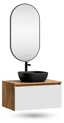 Produktbild von ARISA Badmöbel Set in Weiß – Mit "Glora" LED Spiegel und schwarzem Keramik-Aufsatzwaschbecken 42 cm