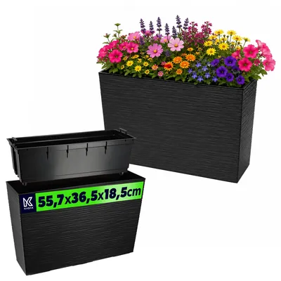 Image de KADAX Jardinière en plastique "Sorbo", pot de fleurs avec rubans d'arrosage, avec insert, motif incisé, 56 cm, noir