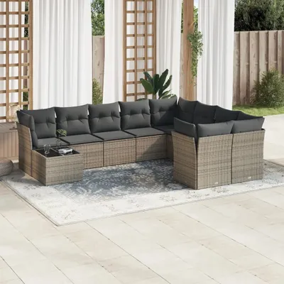 Produktbild von Design 10-tlg. Garten-Sofagarnitur mit Kissen Grau Poly Rattan, Gartenmöbel-Sets 2024 Neu