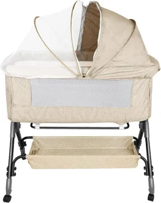 Imagen del producto de Cuna compartida 3 en 1 para bebés, con colchón y mosquitera, ajuste de altura, moisés para recién nacidos/bebés, cuna compartida con cesta de almacenamiento (beige, 104 * 52 * 100-110 cm)