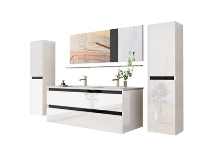 Produktbild von Doppelwaschtisch Keramik Badmöbel Set 120 cm Weiß Badezimmermöbel Set 6Teilig