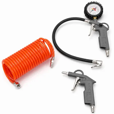 Imagen del producto de Kit de accesorios para compresor de aire, incluye: 2 pistolas de aire, manómetro, 5 metros de manguera en espiral, ideal para el taller