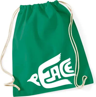 Produktbild von Huuraa Turnbeutel Peace Friedenstaube 12 Liter Kelly Green Baumwolle Rucksack Geschenkidee