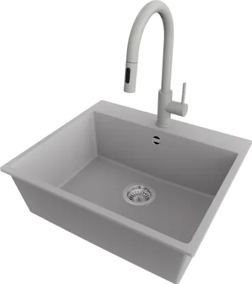 Produktbild von PRIMAGRAN Granitspüle Grau 58x50cm, Spülbecken 1 Becken + Küchenarmatur 40x20cm + Ablauf-Set, Küchenspüle ab 60er Unterschrank - Riga