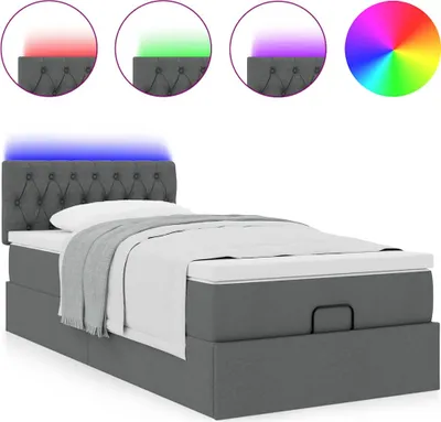 Image de Lit ottoman avec matelas et LED gris foncé 90x200 cm tissu