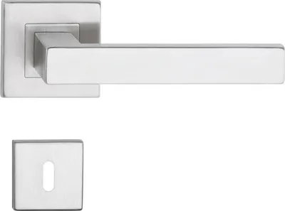 A stainless steel door handle and escutcheon plate are shown against a white background.