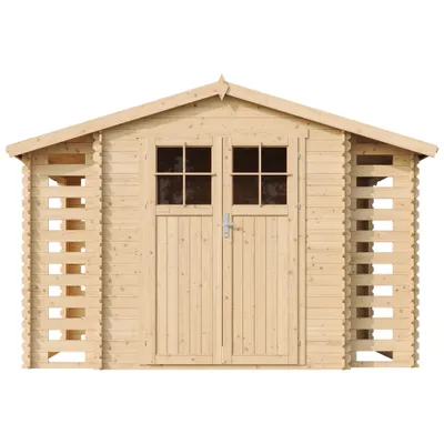 A front view of a wooden garden shed with double doors and windows.