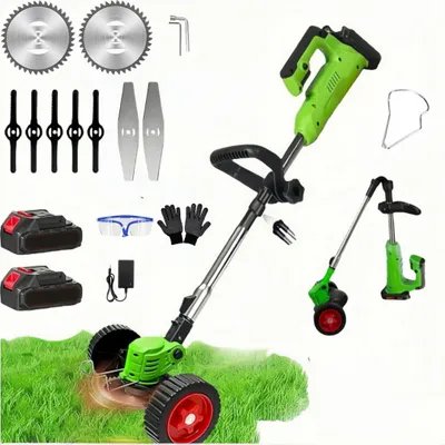 Produktbild von Akku-Rasentrimmer 21V mit 2 Akku und Ladegerät,Faltbarer Unkrautfresser, 3 Arten Klinge, Teleskop-Stiel & Zusatzhandgriff, mit Rädern für Garten(Grün)