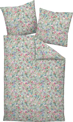 A set of bedding with a floral pattern, including a duvet cover and two pillowcases, laid out flat.