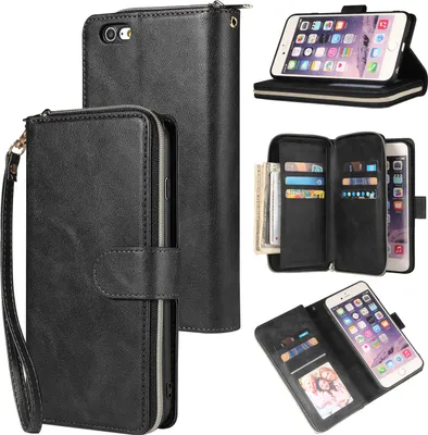 Produktbild von Für Iphone 6/6 Plus/6 Plus/6 Plus/7 Plus/8 Plus Kunstleder Handyhülle Reißverschluss Tasche + Handschlaufe schwarz