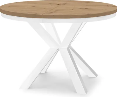 Produktbild von Runder Ausziehbarer Tisch für Esszimmer RAL mit Ring-Gestell, Loft-Stil, Industriel, Durchmesser: 90 / 190 cm, Farbe: Eiche Artisan / Weiß