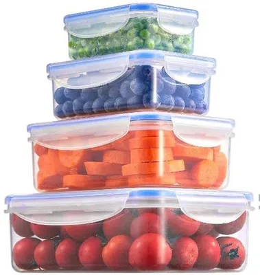 Zdjęcie produktu dla Zestaw plastikowych pojemników, 4 sztuki, z możliwością układania w stosy, nadające się do użycia w kuchence mikrofalowej i zamrażarce, przezroczyste