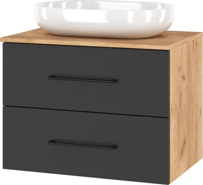 A bathroom vanity with two drawers and a countertop, with a vessel sink placed on top.