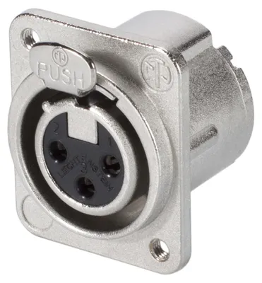 Obrázek produktu pro NEUTRIK® XLR, 3pólový, kovový, panelový konektor s technologií pájení, postříbřené kontakty, typ D M3, niklová barva